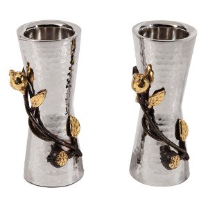 Yair Emanuel Small Hammered Two Tone Metal Pomegranate Design Candlesticks