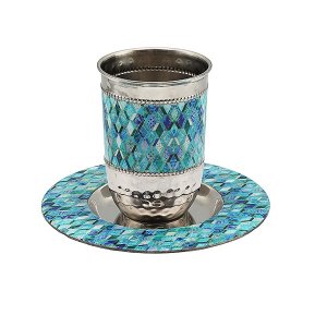 Yair Emanuel Kiddush Cup Set, Metal with Blue Enamel Abstract Design