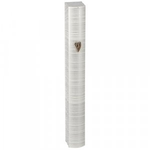 Aluminum Semi-Rounded Mezuzah Case, Metallic Silver-Gray and White Stripes