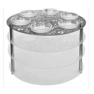 Dorit Judaica Laser Cut Three Tier Seder Plate with Cutout Pomegranates and Glass Bowls
