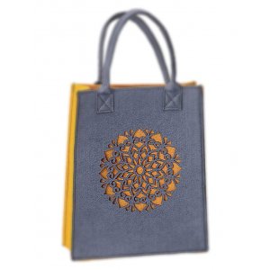 Dorit Judaica Woman's Tote Bag - Gray and Mustard Mandala Design