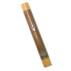 Two Tone Brown Wood Mezuzah Case with Shin and Menorah in Silver Pewter