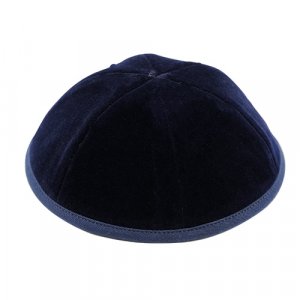 Dark Blue Velvet Kippah with Ribbon Border - 6 Sections