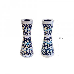 Yair Emanuel Small Stainless Steel Candlesticks - Silver Pomegranates on Blue