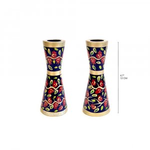 Yair Emanuel Small Stainless Steel Red Pomegranate on Blue Candlesticks