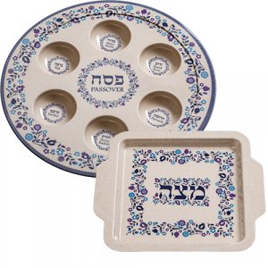 Bamboo Passover Seder Plate and Matzah Tray Set - Blue and White Floral Design