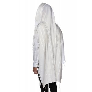 LaMenatzeach Victory Wool Tallit Non Slip Prayer Shawl - White and Silver Stripes