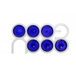 Israel Museum Anodized Aluminum Seder Plate Spelling "Pesach" - Silver Color, Blue Plates