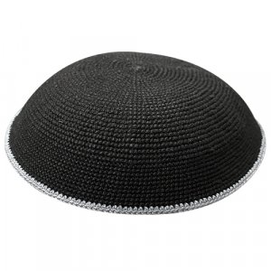 Black DMC Knitted Kippah with Thin Gray Border Stripe