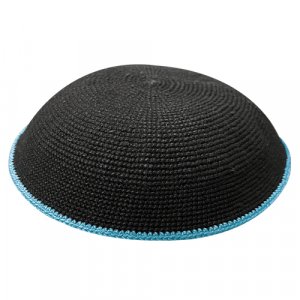 Small Black DMC Knitted Kippah with Light Blue Border