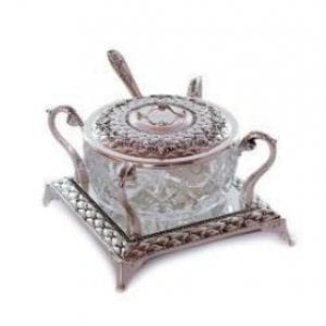 Ornately Decorated Square Silver Plated Honey Dish with Glass Insert