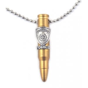 Necklace, Bronze M-16 Rifle Bullet Pendant and Israeli Police Emblem - Ball Chain