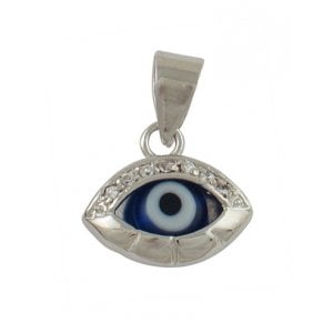 Rhodium Plated Gold Filled Eye Amulet Pendant with Zirconiums and Blue Pupil