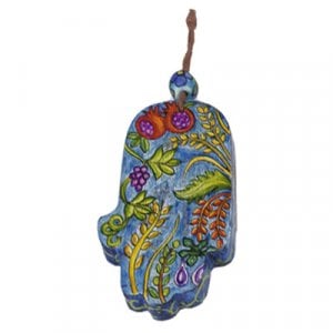 Yair Emanuel Small Hand Painted Wood Wall Hamsa, Blue - Seven Species