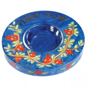Yair Emanuel Hand Painted Wood Honey Dish - Pomegranates