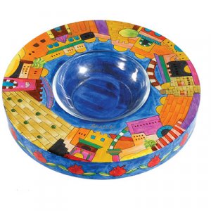 Yair Emanuel Hand Painted Wood Honey Dish - Jerusalem