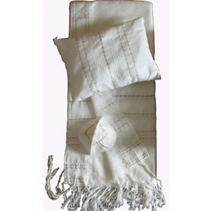Gabrieli Handwoven White Wool Tallit Set - Gold Stripes