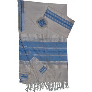 Gabrieli Handwoven White Silk Tallit Set - Light Blue Stripes