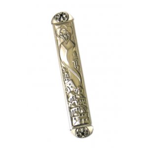 Pewter Plated Mezuzah Case, Wave Jerusalem Design - Gray