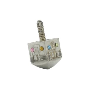 Hanukkah Dreidel with Jerusalem Design and Colorful Stones - Pewter