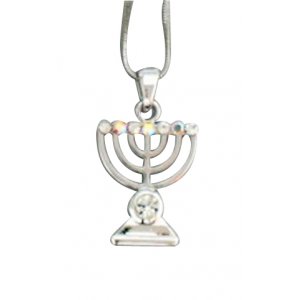 Rhodium Pendant Necklace, Seven Branch Menorah - Colored Stones