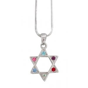 Rhodium Pendant Necklace - Colorful Star of David