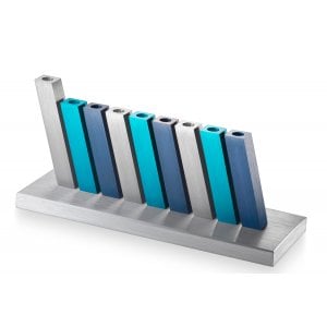 Adi Sidler Kinetic Hanukkah Menorah Aluminum - Turquoise, Blue and Silver Rods