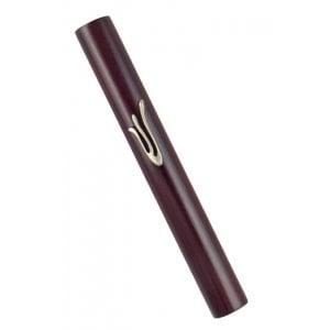 Dark Brown Wood Rounded Mezuzah Case with Silver Pewter Flame Shaped Shin