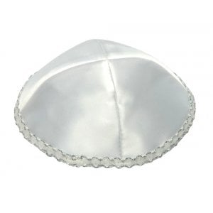 White Satin Kippah with Wavy Silver Trim on Edge