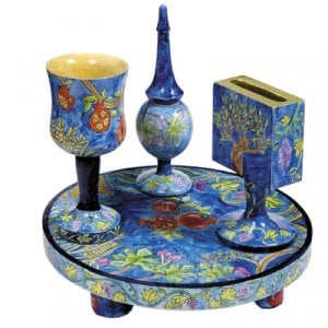 Yair Emanuel Hand-Painted 4-Piece Wood Havdalah Set, Blue - Seven Species