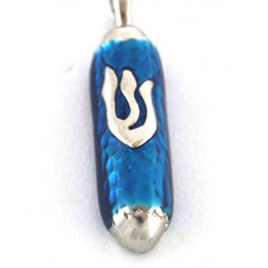 Gold Filled Blue Enamel Mezuzah Pendant