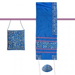 Yair Emanuel Embroidered Royal Blue Polysilk TalliSack Tallit Set - Flowers