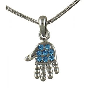 Rhodium Pendant Necklace, Open Palm Hamsa with Blue Stones