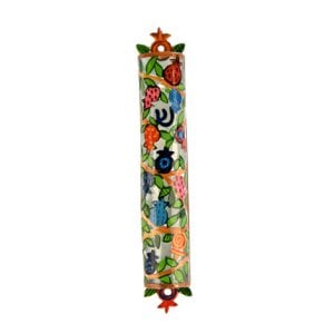 Yair Emanuel Hand Painted Colorful Laser Cut Metal Mezuzah Case Pomegranates