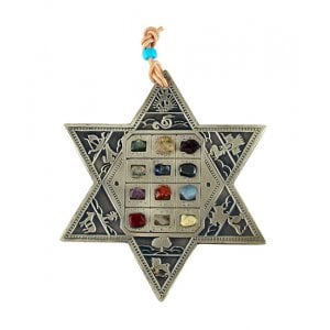 Star of David Wall Hanging with Twelve Tribe and Breastplate Stones - Hebrew