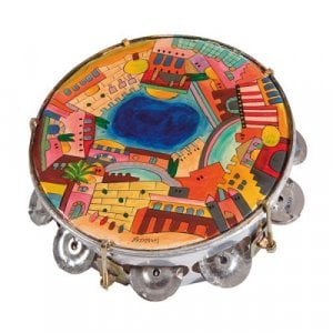 Yair Emanuel, Hand Painted Leather Tambourine  Colorful Jerusalem Images