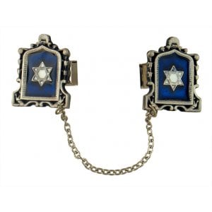 Pewter Tallit Prayer Shawl Clips  Star of David on Blue Enamel in Tablet Frame