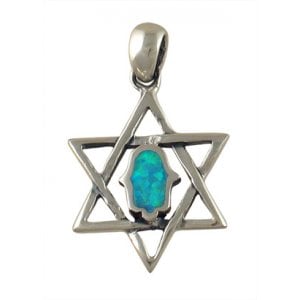 Silver and Opal Hamsa Pendant - Star of David