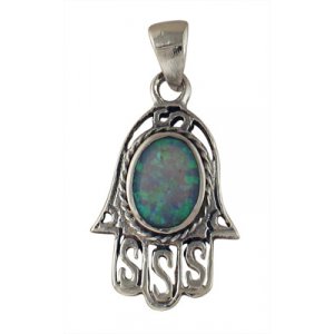 Silver and Opal Filigree Hamsa Pendant