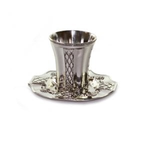 Silver Plated Kiddush Cup and Tray with Diamond Design