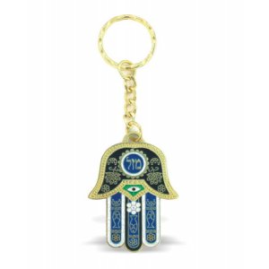 Nickel Plated Hamsa Mazal Keychain - Blue and Gold
