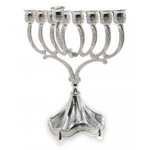 Nickel Plated Hanukkah Menorah, Decorative Base and Branches – 9 Inches Height