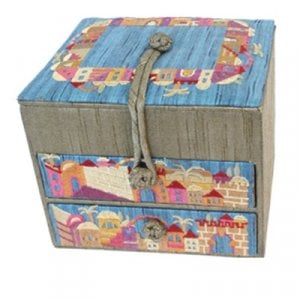 Yair Emanuel Wood & Fabric Embroidered Blue Gold Jewelry Box - Jerusalem