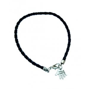 Black Braided Cord Kabbalah Bracelet with Hamsa Charm - Engraved Hand Made