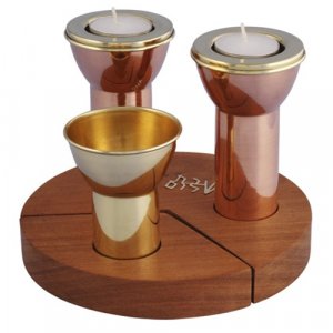 Shraga Landesman Brass Kiddush Cup and Copper Candlesticks on Mahogany Wood Base