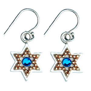 Ester Shahaf Sterling Silver Golden Bead Star of David Earrings - Blue