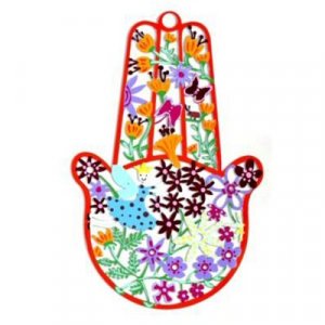 Tzuki Art Hand Painted Hamsa Hand Colorful Flower Display - Red Frame