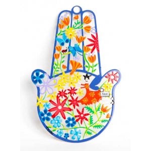 Tzuki Art Hand Painted Hamsa Hand Colorful Flower Display - Blue Frame