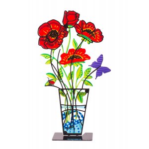 Tzuki Art Sculpture Hand Painted Anemones in Vase on Base - Red
