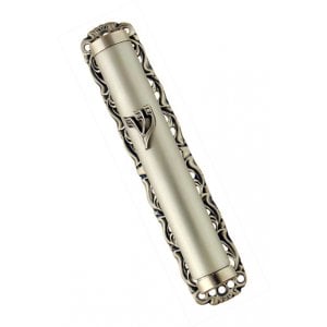 Pewter-Plated Smooth Mezuzah Case in Ornate Frame - Silver
